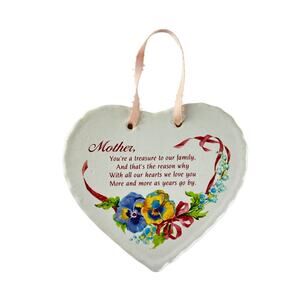 Floral Ceramic Heart "Mother" Wall Plaque With Poem & Ribbon Hanger